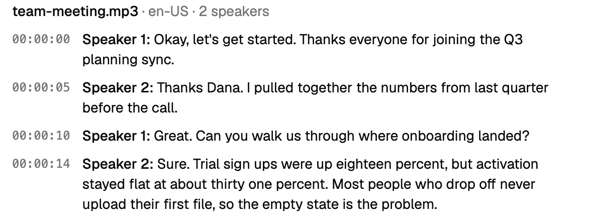 A meeting recording transcribed in Knowledge Studio: each turn with its time and speaker, from Speaker 1 opening the Q3 planning sync.